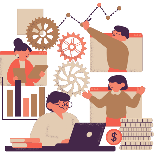 Illustrated graphic of 4 people working to accelerate sales