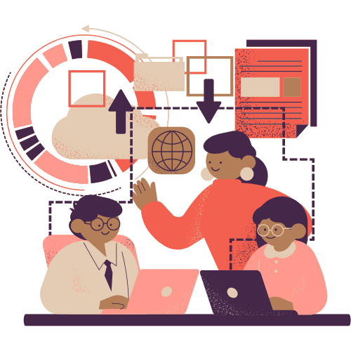 Marketing Illustrated graphic of 3 people working on marketing materials